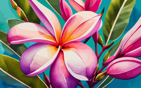 Pink frangipani flowers on green background. Vector illustration.のイラスト素材