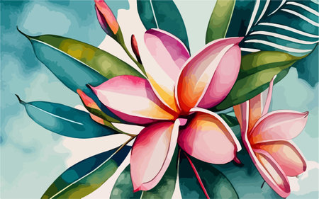 Illustration of frangipani flower on watercolor background.のイラスト素材
