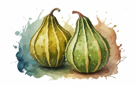 Watercolor illustration of two green pumpkins isolated on white background.のイラスト素材