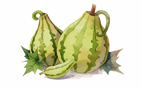Illustration of a watermelon with leaves on a white background.のイラスト素材