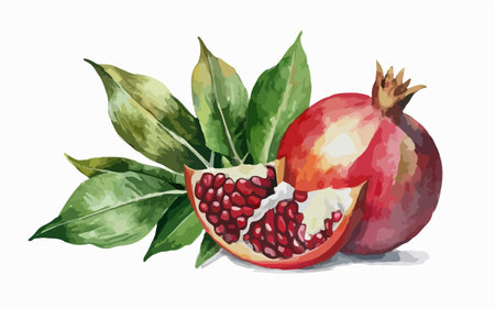 Ripe pomegranate with leaves. Hand drawn watercolor illustrationのイラスト素材