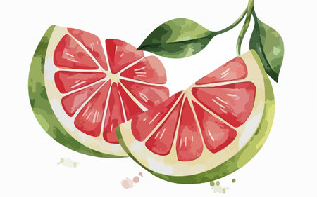 Illustration of grapefruit slices with leaves and watercolor splashesのイラスト素材