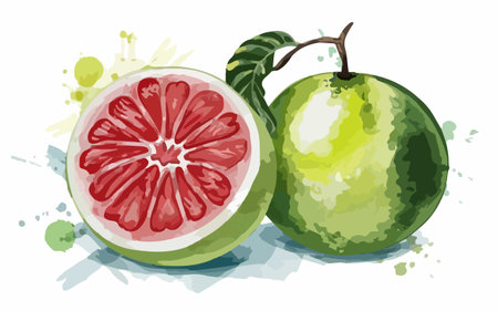 Illustration of two whole and sliced guava fruits with watercolor splashesのイラスト素材