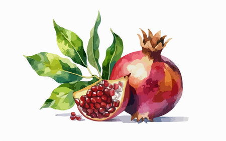 Pomegranate fruit with leaves and seeds. Vector illustration.のイラスト素材