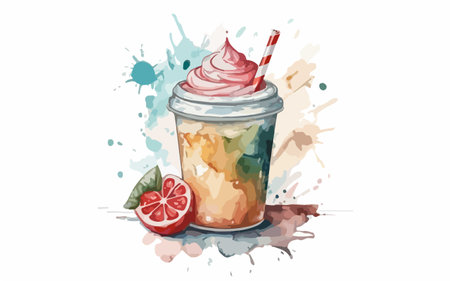 Illustration of a milkshake with ice cream and fruit on a white backgroundのイラスト素材
