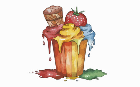 Illustration of a cupcake with ice cream and strawberries on a white backgroundのイラスト素材