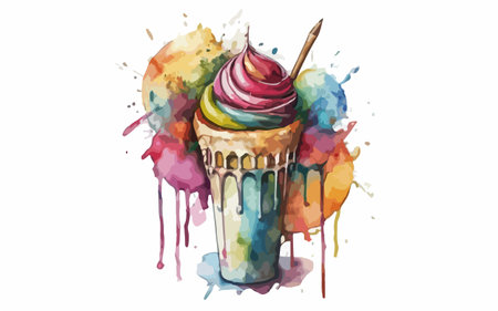 Watercolor illustration of a cupcake with ice cream and paint splashesのイラスト素材