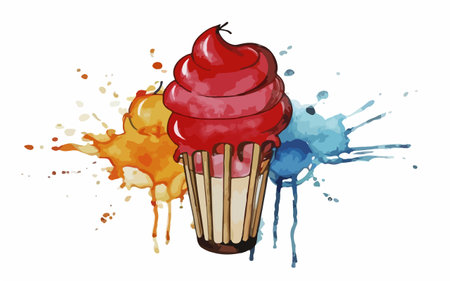 Illustration of a cupcake with colorful splashes on a white backgroundのイラスト素材