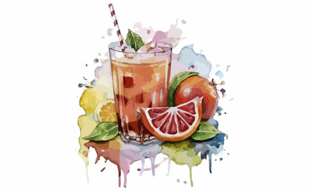 Watercolor illustration of a glass of grapefruit juice with ice.のイラスト素材