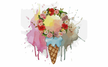 Illustration of a wreath of flowers and ice cream in a waffle coneのイラスト素材
