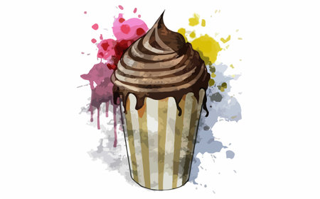Illustration of a cupcake with chocolate icing and colorful splashesのイラスト素材