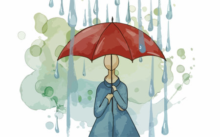 Illustration of a woman holding an umbrella in front of a watercolor backgroundのイラスト素材