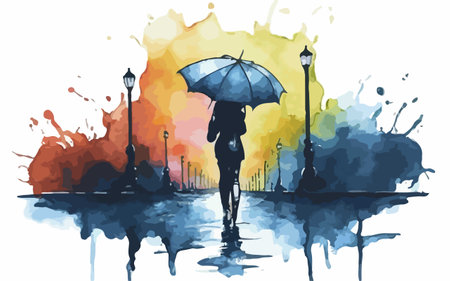 Vector illustration of a girl with umbrella on the background of watercolor splashesのイラスト素材