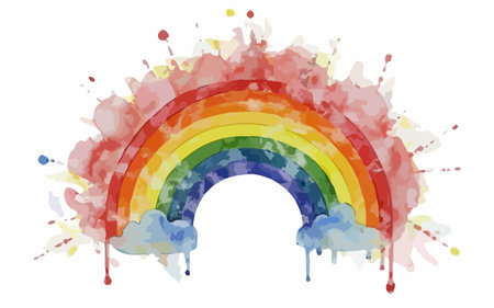 Rainbow with watercolor splashes and clouds. Vector illustration.のイラスト素材