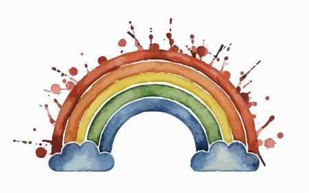 Watercolor rainbow and clouds. Hand drawn illustration on white background.のイラスト素材