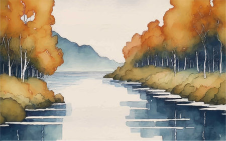 Watercolor illustration of a lake with trees in the autumn season.のイラスト素材