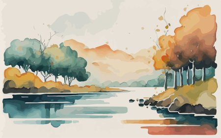 Autumn landscape with lake and trees. Watercolor illustration. Vector.のイラスト素材