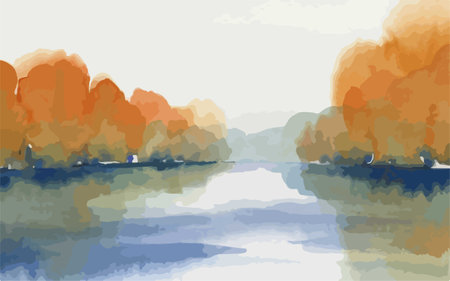 Autumn landscape with lake and trees. Vector illustration of autumn landscape.のイラスト素材