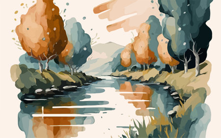 Autumn landscape with river and trees. Hand drawn vector illustration.のイラスト素材
