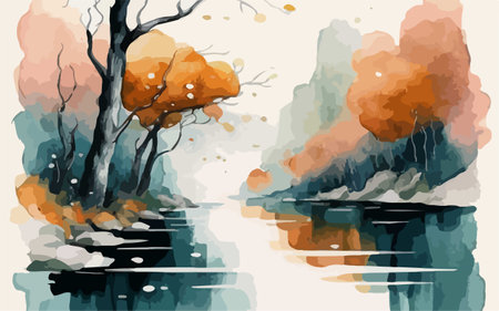 Autumn landscape with trees and lake. Vector watercolor illustration.のイラスト素材