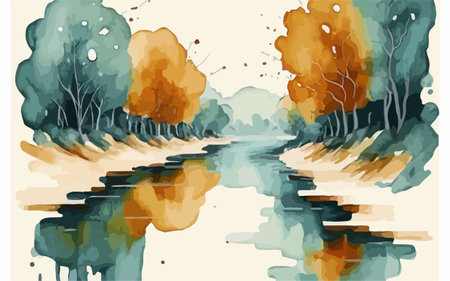 Autumn landscape with watercolor trees and river. Vector illustration.のイラスト素材