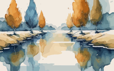Autumn landscape with trees in the water. Watercolor illustration.のイラスト素材