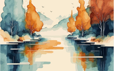 Watercolor autumn landscape with forest and lake. Vector illustration for your designのイラスト素材