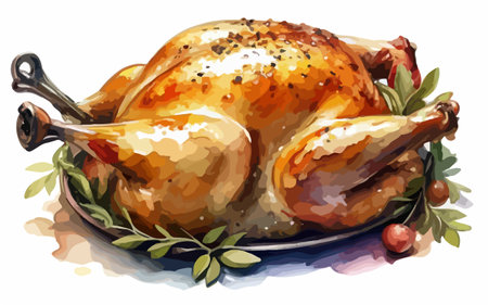 Whole roasted chicken on a plate. Hand drawn vector illustration.のイラスト素材