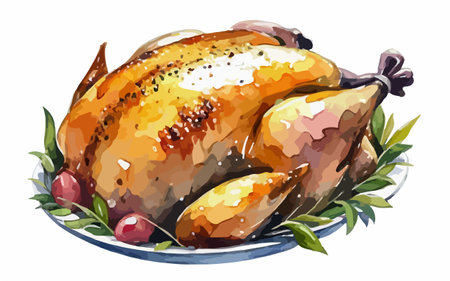 Illustration of a roasted turkey on a plate on a white backgroundのイラスト素材