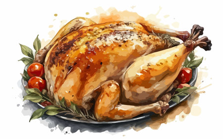 Roasted chicken on a plate with vegetables. Hand drawn vector illustration.のイラスト素材