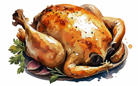 Illustration of a roasted chicken with parsley on a white backgroundのイラスト素材