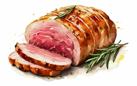 Sliced ham with rosemary on a white background. Vector illustrationのイラスト素材