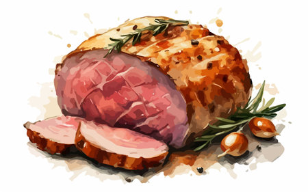 Illustration of a piece of roast beef with rosemary and garlicのイラスト素材