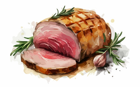 Roast beef with rosemary and garlic on white background. Vector illustration.のイラスト素材