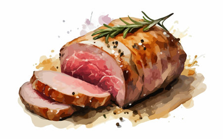 Illustration of a piece of meat with rosemary on a white backgroundのイラスト素材