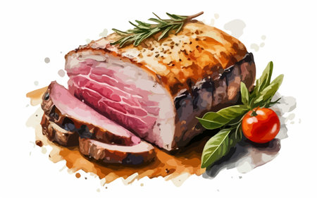 Meatloaf with rosemary, tomato and pepper on white backgroundのイラスト素材