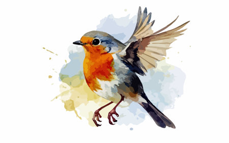Vector illustration of a robin bird on a watercolor background.のイラスト素材