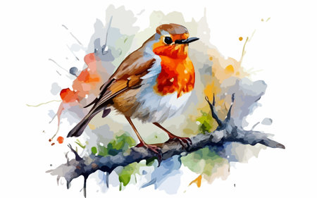 Robin bird on a branch with watercolor splashes. Vector illustration.のイラスト素材