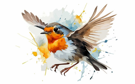 European robin with wings spread. Watercolor illustration on white background.のイラスト素材