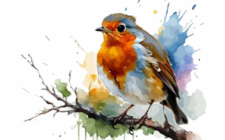 Watercolor drawing of robin on a branch. Vector illustration.のイラスト素材