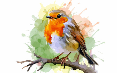 Robin bird on branch with watercolor splashes. Vector illustration.のイラスト素材