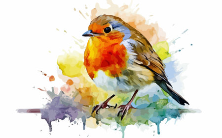 Robin bird in watercolor splashes. Hand drawn vector illustration.のイラスト素材