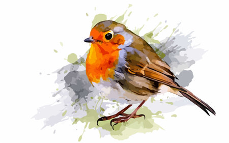 Robin bird vector illustration isolated on white background with watercolor splashesのイラスト素材