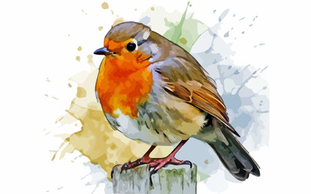Illustration of a robin on a white background with splashesのイラスト素材