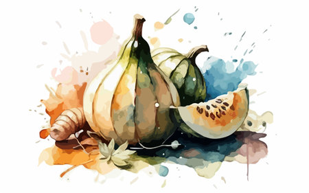 Watercolor illustration of pumpkins with watercolor splashes on white backgroundのイラスト素材