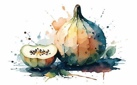 Watercolor illustration of two pumpkins with watercolors splashesのイラスト素材