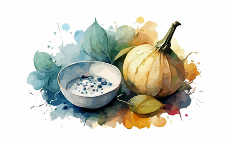 Pumpkin, seeds and caviar on watercolor splash backgroundのイラスト素材