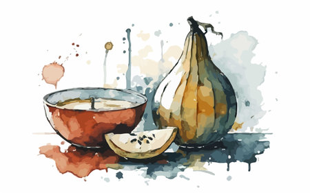 Watercolor illustration of a bowl of fig juice and sliced fruit.のイラスト素材