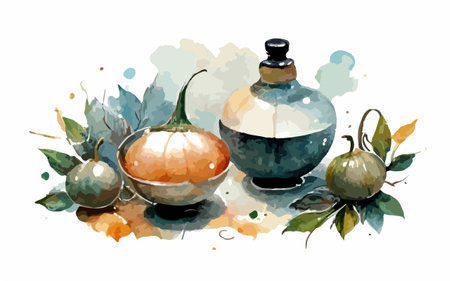 Watercolor illustration of pumpkins and bottles with watercolors.のイラスト素材