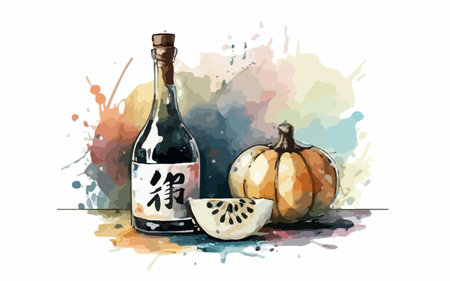 Illustration of a bottle of wine with pumpkins on watercolor backgroundのイラスト素材